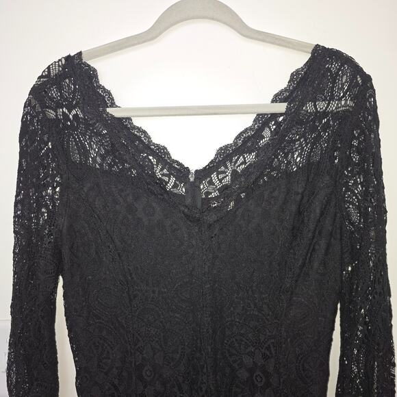 Black Lace Dress 1X Overlay Bell Sleeve V Neck Scallop Hem Boho Fairy Romantic - Picture 4 of 10